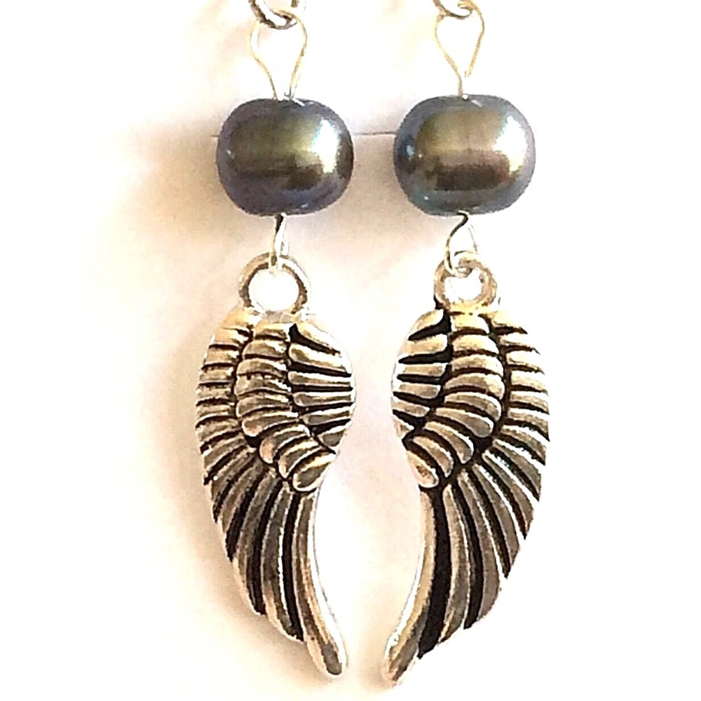 Black Pearl Angel Wings Earrings Silver Tone Tahitian Freshwater Pearls Goth
